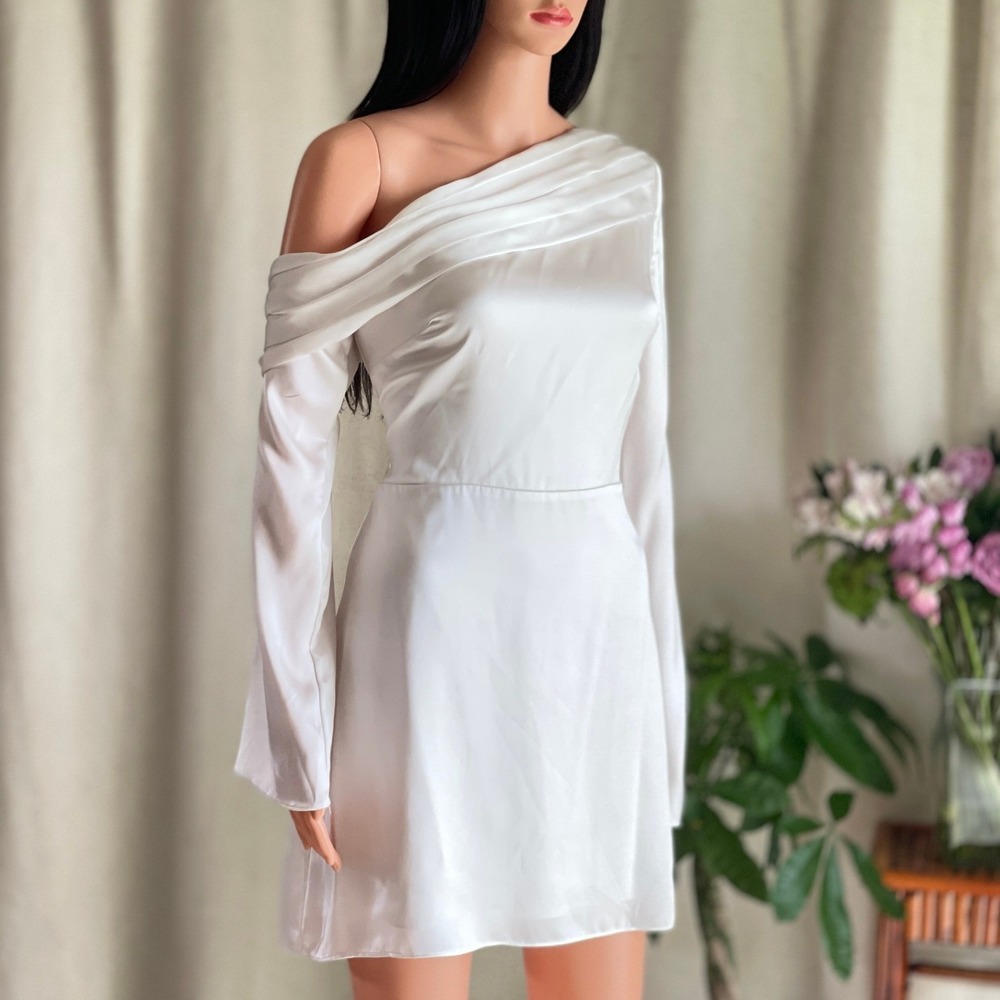 BHLDN Ivory Satin One Shoulder Pleated Draped Mini Dress Long Sleeves Bridal 10